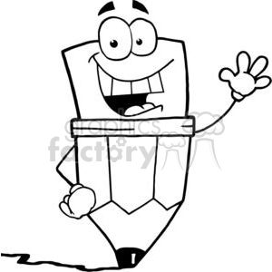The clipart image shows a funny, anthropomorphic pencil. The pencil has a face with two large eyes and a wide, happy smile showing teeth. It is waving hello with one hand and appears to be standing or jumping with excitement. The pencil character is stylized with arms and gloves, adding to its comical look.