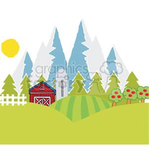The clipart image depicts a stylized farm scene. Featured are a red barn with white trim and a silo, green rolling hills, a wooden fence, evergreen trees, apple trees with red apples, and towering snow-capped mountains in the background. A bright yellow sun shines in the clear sky above the pastoral landscape.