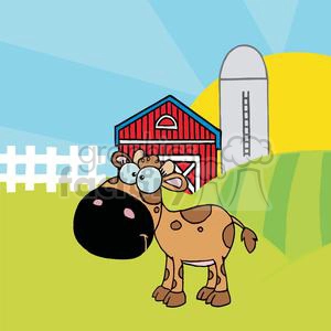 Cartoon Character Calf Different Color Brown In Front Of Country Farm