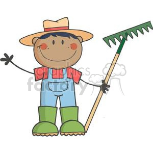 African American Farmer boy with a rake in grass with flowers