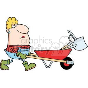 Woman Gardener Drives A Barrow With Tools