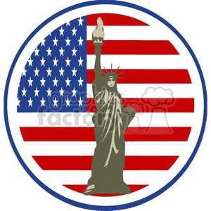 The image is a stylized clipart that features the Statue of Liberty in front of an American flag. The flag is represented in a circular shape with the stars on the left half and the stripes filling the rest and the backdrop. The overall tone appears to be patriotic and representative of American symbolism.