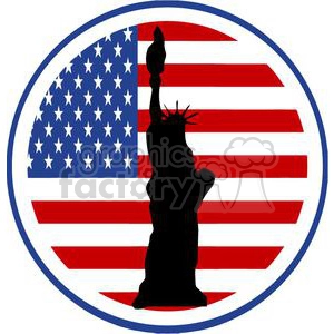 This clipart image features the silhouette of the Statue of Liberty in the foreground with its iconic raised torch and crown. Behind the silhouette is a backdrop that resembles the United States flag, with its stars and stripes. The stars are placed on the left side in a blue field, while the red and white stripes extend out to the right. The entire image is enclosed within a circular border.