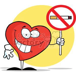The clipart image features an anthropomorphic heart character, smiling broadly and looking joyful. The heart has arms, legs, hands, and large cartoonish eyes. It is holding up a sign with the universal No Smoking symbol, which shows a cigarette with a red circle and a diagonal line across, indicating smoking is not allowed.