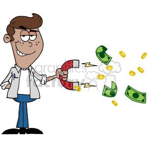 The clipart image depicts a cartoon businessman holding a large magnet. The magnet is attracting money; there are several bills and coins drawn as if they are being pulled towards the magnet, with some lightning bolt effects to show the magnetic pull.