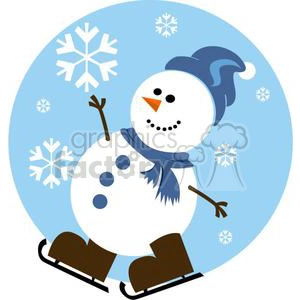 happy snowman with blue hat and brown skates