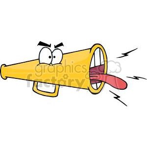 The clipart image depicts a personified yellow megaphone with eyes and a tongue sticking out, suggesting it is shouting or making a loud announcement. The megaphone has a red tongue and is surrounded by zigzag lines indicating noise or sound waves.
