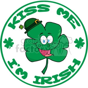 The clipart image features a cartoon-like drawing of a four-leaf clover with a cheerful face, wearing a small green hat with a tiny gold buckle, which is typical of a leprechaun hat. The clover has a happy and inviting expression with its tongue sticking out slightly. Surrounding the clover is a large circle with text that reads KISS ME at the top and I'M IRISH at the bottom. There are also small clover silhouettes around the text. The entire image is festive and representative of St. Patrick's Day celebrations, with the use of green color and the motif of Irish luck often associated with four-leaf clovers.