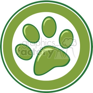 The image depicts a stylized green paw print within a circular border. The paw print consists of one large pad at the bottom with four smaller pads above, resembling the footprint of a dog or a cat.