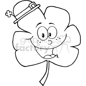 This clipart image depicts a whimsical, anthropomorphic four-leaf clover character. It features a facial expression with large, round, friendly eyes, and a content smile. The character appears to be holding a hat with a buckle on top of its head, reminiscent of a leprechaun's hat, which is often associated with Irish culture and St. Patrick's Day. The clover, a symbol of luck and an emblem of Ireland, is typically associated with St. Patrick's Day celebrations.