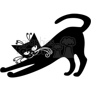 The clipart image depicts a stylized black cat in a playful or stretching pose. The cat has large, expressive eyes and intricate, curly whiskers. The design is simple, predominantly black with white accents for the eyes, nose, and whiskers, making it suitable for various decorative or illustrative purposes.