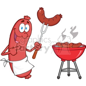 Happy Sausage With Sausage On Fork And Barbecue