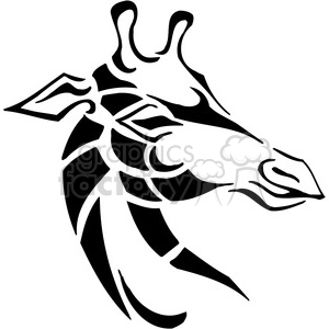 The image is a black and white, stylized, vector outline of a giraffe's head in profile. It is designed in a tribal art style, suitable for uses such as a vinyl decal or a tattoo template.