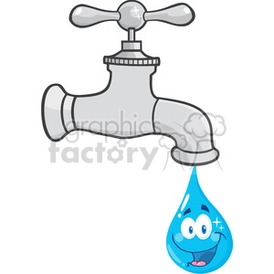 12877 RF Clipart Illustration Water Faucet With Smiling Water Drop Cartoon Character