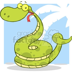 The clipart image shows a cartoonish, comical snake with exaggerated features. The snake has a large head with a silly expression, big round yellowish eyes, a hanging tongue, and is situated against a light blue background with what appears to be white clouds. Its body is coiled in a playful manner, and it seems to be smiling.