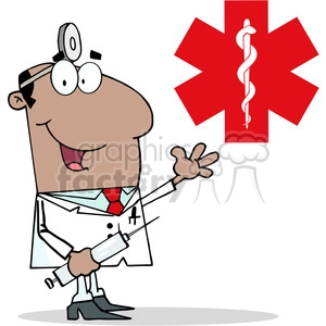 128512 RF Clipart Illustration African American Doctor Holding Syringe and Waving for Greetings In Front Of Red Cross