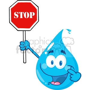 12860 RF Clipart Illustration Happy Water Drop Character Holding A Stop Sign