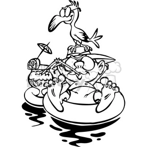 cartoon guy floating on rubber tube vacation black and white