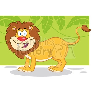 This clipart image features a cartoonish, humorous depiction of a lion. The lion has an exaggerated, friendly appearance, with a big, smiling face, large eyes, and a bushy mane. Its tail is playfully curled, and it stands against a green, leafy background that suggests a jungle or safari setting.