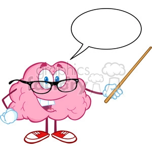 5812 Royalty Free Clip Art Smiling Brain Teacher Cartoon Character Holding A Pointer Witch Speech Bubble