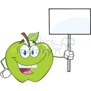 6521 Royalty Free Clip Art Happy Green Apple Cartoon Character Holding Up A Blank Sign