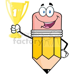 5935 Royalty Free Clip Art Happy Pencil Cartoon Character Holding Golden Trophy Cup