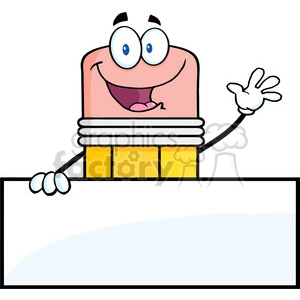 5874 Royalty Free Clip Art Happy Pencil Character Waving For Greeting Over Blank Sign