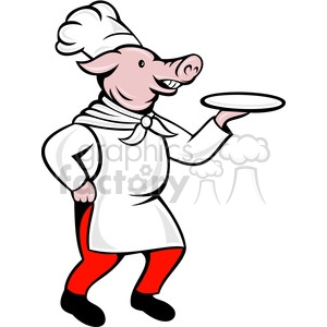 pig chef holding dish