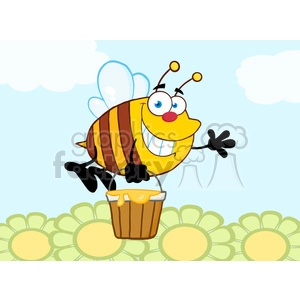 5579 Royalty Free Clip Art Smiling Bee Flying With A Honey Bucket And Waving For Greeting Over Flowers