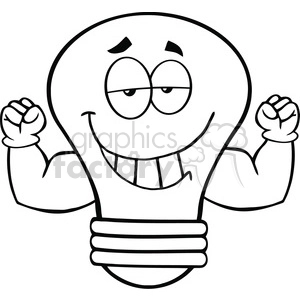 6120 Royalty Free Clip Art Smiling Light Bulb Cartoon Mascot Character With Muscle Arms