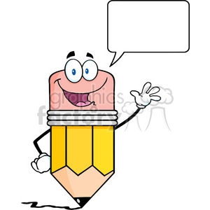 5872 Royalty Free Clip Art Happy Pencil Character Waving For Greeting With Speech Bubble