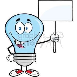 6056 Royalty Free Clip Art Blue Light Bulb Cartoon Character Holding Up A Blank Sign