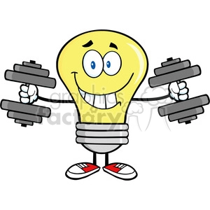 6019 Royalty Free Clip Art Smiling Light Bulb Cartoon Character Training With Dumbbells