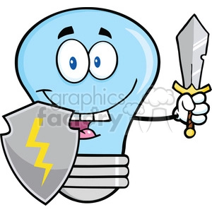 6118 Royalty Free Clip Art Blue Light Bulb Guarder With Shield And Sword