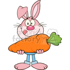 Royalty Free RF Clipart Illustration Hungry Pink Rabbit Cartoon Character Holding A Big Carrot