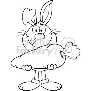 Royalty Free RF Clipart Illustration Black And White Hungry Rabbit Cartoon Character Holding A Big Carrot