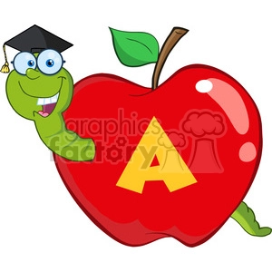 6244 Royalty Free Clip Art Happy Worm In Red Apple With Graduate Cap,Glasses And Leter A