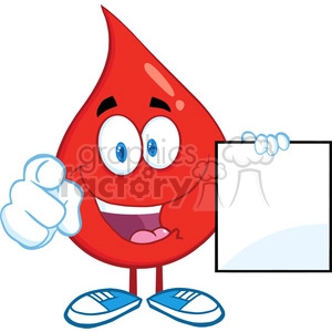 6201 Royalty Free Clip Art Red Blood Drop Cartoon Character Pointing With Finger And Holding A Blank Page