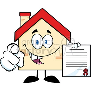 6462 Royalty Free Clip Art Happy House Cartoon Mascot Character Pointing With Finger And Holding A Contract
