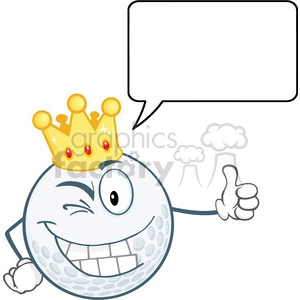 6488 Royalty Free Clip Art Winking Golf Ball Cartoon Character With Gold Crown Holding A Thumb Up And Speech Bubble