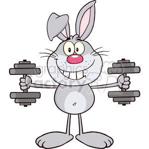 Royalty Free RF Clipart Illustration Smiling Gray Rabbit Cartoon Character Training With Dumbbells