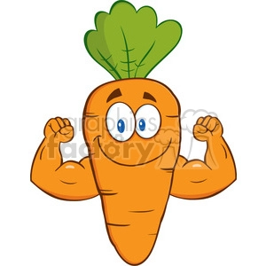 Royalty Free RF Clipart Illustration Cute Carrot Cartoon Character Showing Muscle Arms