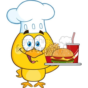 royalty free rf clipart illustration chef yellow chick cartoon character holding a fast food tray vector illustration isolated on white