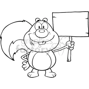 Royalty Free RF Clipart Illustration Black And White Happy Squirrel Cartoon Mascot Character Holding A Wooden Board