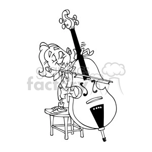 This image is a black and white clipart depicting a happy child standing on a stool and playing a double bass, which is much larger than the child. The kid appears to be enthusiastic and enjoying the music. The character is drawn in a cartoonish style.
