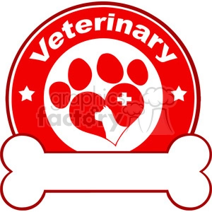 Royalty Free RF Clipart Illustration Veterinary Red Circle Label Design With Love Paw Dog Bone Under Text