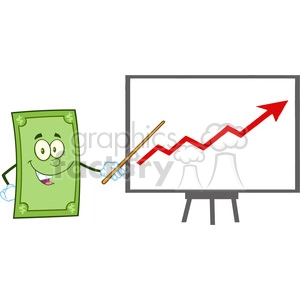 This clipart image features an anthropomorphic dollar bill character standing next to a presentation board. The dollar bill has a face, arms, and legs, embodying a happy expression. It holds a pointer in its hand, directing attention towards a chart on the presentation board that shows an upward trend line with an arrow, indicating growth or profit.