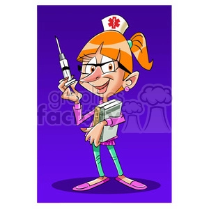 This clipart image depicts a stylized, comic rendition of a female nurse. She has a cheerful expression and is holding a large hypodermic needle in one hand, while carrying a stack of books in the other arm. She is wearing glasses, a nurse's cap with a red cross symbol, a pink long-sleeve shirt, and green pants with a matching green-stripe pattern. Her hair is orange, styled in a ponytail with a blue hair tie, and she has pink earrings. She is also wearing pink slippers. The background is a solid purple color.