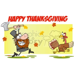 6900_Royalty_Free_Clip_Art_Angry_Pilgrim_Chasing_With_Axe_A_Turkey