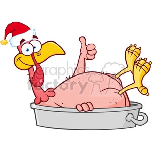 Royalty Free RF Clipart Illustration Smiling Turkey Bird With Santa Hat In The Pan Giving A Thumb Up